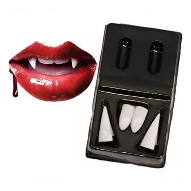 Imagem de Dentadura de Fantasia Presas de Vampiro Halloween Drácula em Plástico 4,5CM X 6CM Kit 4...