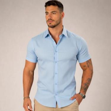 Imagem de Camisa Social Masculina Slim fit Luxo Moda Manga Curta - Volgue, Azul 