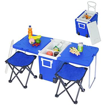 Imagem de Mesa de piquenique dobrável com 2 bancos, grande bolsa térmica térmica, bolsa legal, design portátil dobrável, uso interno para churrasco, piquenique, jardim, festas, conjunto para almoço, piquenique, acampamento, praia