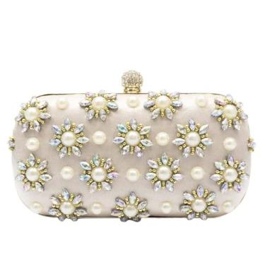 Imagem de Bolsa clutch feminina com pérolas e bolsas de mão com flor de diamante bolsas de noite, Branco, M