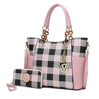Imagem de MKF Collection Bolsa feminina com alça superior para carteira - bolsa de couro vegano, Xadrez rosa, Large