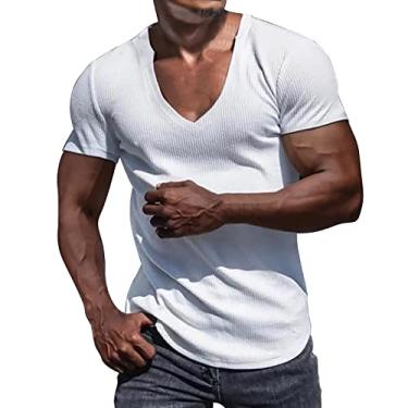Imagem de Camiseta masculina de malha respirável tops manga curta slim moda verão gola V manga curta EUA vinho, Branco, 3G