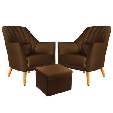 Imagem de Kit 2 Poltronas Estofada Orion Bordada com Puff Quasar Sued Marrom Ara