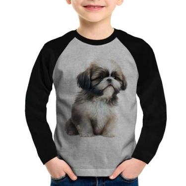 Imagem de Camiseta Raglan Infantil Cachorro Shih Tzu Filhote Manga Longa - Foca 
