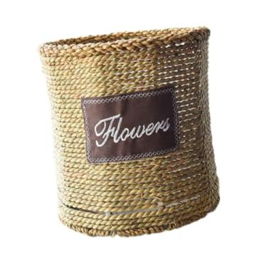 Imagem de Generic Palha tecelagem plantador cesta recipiente decoração multiuso prático cesta de flores vaso de flores para festa no quintal hotel garagem, Cilíndrico
