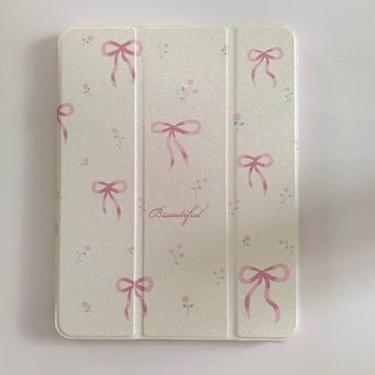 Imagem de Capa rígida de couro espelhado com suporte ajustável para Apple Cream White Color Pink Bow Ribbon Beautiful Floral Cute Chic Adorável Meninas Crianças (para iPad Air 2025 11 polegadas)