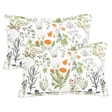 Imagem de Sanracie Conjunto de 2 fronhas tamanho Queen 100% algodão (50,8 x 76,2 cm), flores silvestres amarelas padrão de plantas acolchoadas capas de travesseiro de cama com fecho de envelope fronhas macias