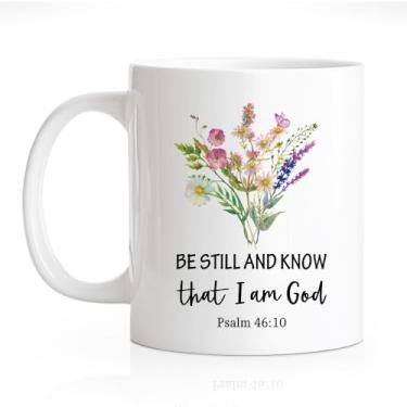 Imagem de RZHV Be Still And Know That I Am God Psalm 46:10 325 ml, caneca de café floral engraçada para cristãos, presentes de sala de oração para homens, versículo bíblico, presentes de fé religiosa para