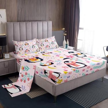 Imagem de Erosebridal Jogo de lençol King fofo de pinguim, flor rosa, desenho animado de pinguim, estampa de animal de pinguim, para adolescentes, crianças, lençol com elástico alto, lençol de cima e folhas