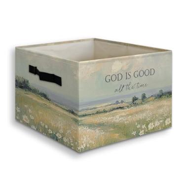 Imagem de JUIOEIU Cottagecore Caixa de armazenamento dobrável cristã com alças, God Is Good All the Time, versículo da Bíblia, religioso, dobrável, organizador para livros de roupas e brinquedos