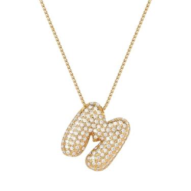 Imagem de Mint & Lily Colar feminino com inicial de ouro Pave Bubble – banhado a ouro 18K sobre latão com corrente delicada, presente para mulheres, Latão, Sem Pedra Preciosa