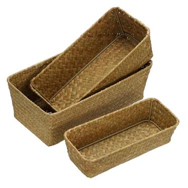 Imagem de OGANAZI Conjunto de 3 cestas de vime naturais, retangulares, feitas à mão, caixas de armazenamento de algas marinhas – caixa doméstica para prateleira, guarda-roupa, mesa, decoração de casa (amarelo