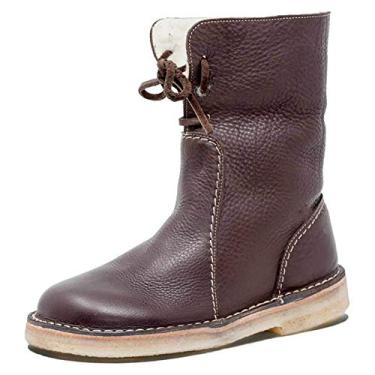 Imagem de Bigfanshu Botas femininas de neve de inverno, botas de cano médio, cor lisa, sapatos quentes, plus size, fácil de usar, bota rasteira, Marrom, 39 BR