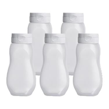 Imagem de 5 garrafas de espremer condimentos, garrafas de espremer para molhos quentes, ketchup e leite de mostarda, dispensador de molho de salada com tampas, garrafas de plástico transparente para óleo