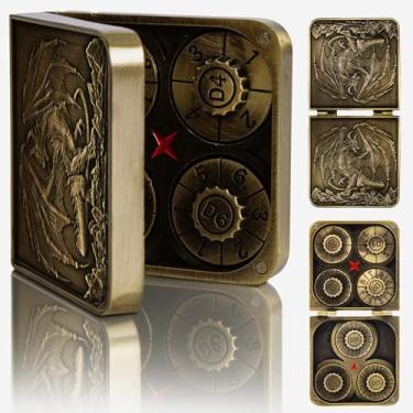 Imagem de 7-in-1 DND Pocket Spinner Dice Set, Foldable Flip Dice with Delicate Dragon Iron Box, Compact Dice Set for DND Role-Playing Games Fans (Glod)