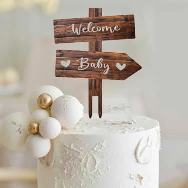 Imagem de Topo de bolo de bebê de boas-vindas, chá de bebê de madeira/decoração de festa de revelação de gênero recém-nascido, suprimentos para meninos ou meninas, decoração de bolo de festa temática