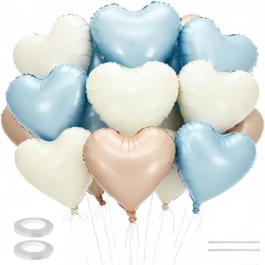 Imagem de 15 balões de coração, balão BetterJonny em forma de coração de 45,7 cm com canudo e fita de alumínio para decorações de casamento, aniversário, noivado (azul)