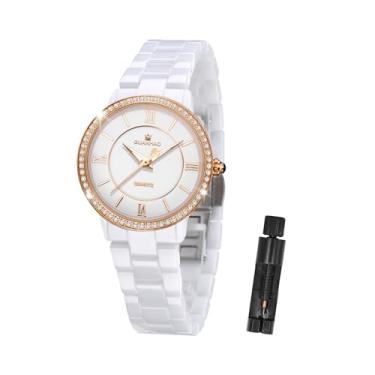 Imagem de GUANHAO Relógios femininos de cerâmica, moda feminina, elegante, relógio de pulso feminino com detalhes de diamante, calendário à prova d'água, vidro mineral, N - ouro branco, Tendência