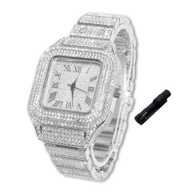 Imagem de Halukakah Relógio de diamantes para meninos e adolescentes - banhado a ouro real 18K, mostrador quadrado de 40 mm, quartzo japonês - comprimento de 20 cm - opcional com corrente de tênis, com