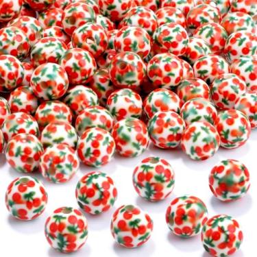 Imagem de 100 peças de contas de resina de 10 mm a granel para kit de fabricação de pulseiras, contas soltas redondas impressas com padrão cereja para joias, brincos, colar, anéis, arte, artesanato, projetos