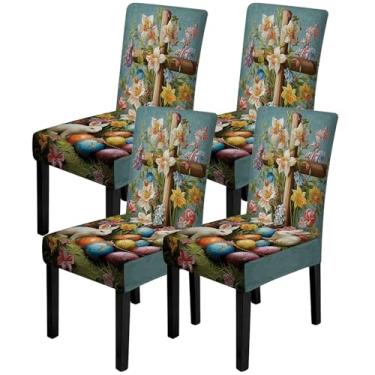 Imagem de ANNA QUEEN Conjunto de 4 capas de cadeira de mármore, capas elásticas, removíveis, laváveis para jantar, fazenda, hotel, festa, casamento (cruz de Páscoa)