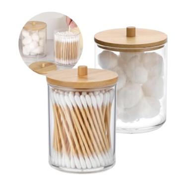 Imagem de Kit 2 Porta Cotonete e Algodão Acrílico com Tampa de Bambu Premium - Organizador de Banheiro Transparente, Pote para Cotonete Decorativo - Ideal para Banheiros, Lavabos e Penteadeiras - Nalux