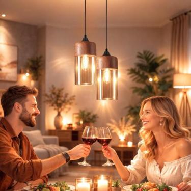 Imagem de Lustre Pendente 34cm Vidro Âmbar Metal Madeira Cilíndrico Luminária Te