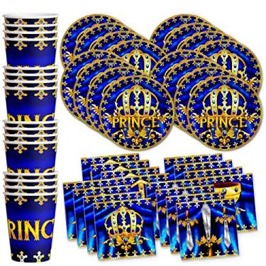 Imagem de Conjunto de artigos de chá de bebê príncipe azul royal conjunto de pratos, guardanapos, copos e talheres para 16 anos