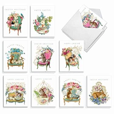 Imagem de The Best Card Company - 20 cartões de Páscoa vintage com envelopes (10 x 5,12 polegadas) – Cartões retrô em caixa para Páscoa (10 designs, 2 cada) - Flores e coelhos vitorianos AM3513EAG-B2x10