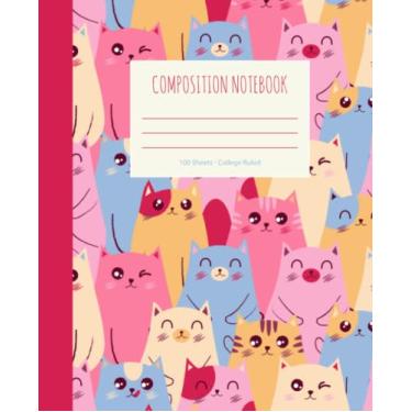 Imagem de Caderno de composição pautado para faculdade - 100 páginas; caderno de composição fofo de gatos coloridos fofos para crianças, meninas, meninos, adolescentes, jovens adultos e adultos