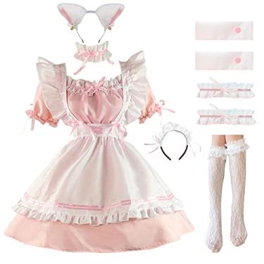 Imagem de LISANEK Conjunto de meias de orelhas de gato de pelúcia para cosplay Lolita, rosa, X-Large