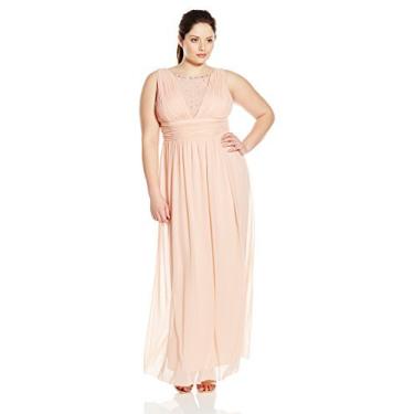 Imagem de Marina Vestido feminino plus size sem mangas com cintura franzida. Busto ilusão com contas, costas em v, Pêssego, 48