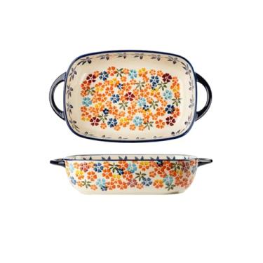 Imagem de Tigela de cerâmica criativa pintada à mão com alça de alívio, utensílio de mesa de arroz assado com queijo, tigela de orelha dupla - sombra de flor colorida, bandeja retangular de duas orelhas