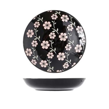 Imagem de Utensílios de mesa de cerâmica de 20 polegadas pintados à mão em estilo japonês, pratos de dim sum, pratos domésticos, pratos redondos - pratos de arroz de 20 cm - preto floral