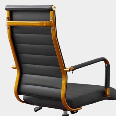 Imagem de Livinia Cadeira de escritório executiva moderna, cadeiras giratórias cromadas e de couro com encosto alto canelado, altura ajustável, apoio de braço removível e rodas para escritório em casa (preto