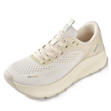 Imagem de JACKSHIBO Sapatos femininos com bico largo, suporte de arco, tênis para corrida, caminhada, atlético, ortopédico, fascite plantar, treino, com almofada grossa, sola de gota zero, Bege, 7 Wide