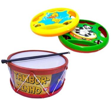 Imagem de Kit Pandeirola e Tambor Maluco Infantil Colorido Musical Instrumentos 