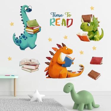 Imagem de Yovkky Reading Dinosaur Wall Decals Stickers, Time to Read Dino Book Corner Baby Toddler Nursery Classroom Library Decor, Positive Quote Home Decorations Kids Bedroom Study Room Reading Nook Art