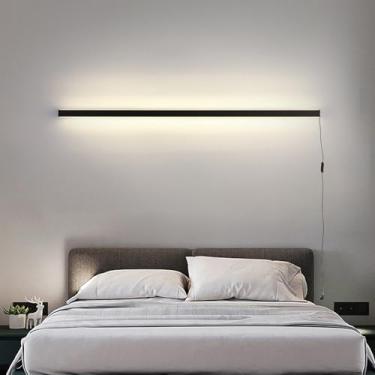 Imagem de GZZBMY Aplique de parede tomada LED comprido candeeiros de parede com cabo de tomada e interruptor interior iluminação alumínio para quarto escadas sala de estar (luz neutra preta, 200 cm)