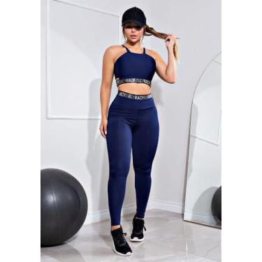 Imagem de Conjunto Fitness Calça Legging Cintura Alta + Cropped Alcinha Marinho 