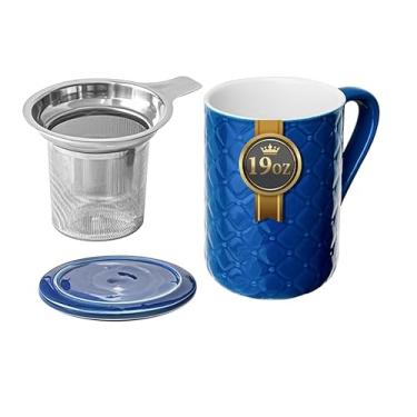 Imagem de Yachi Caneca de chá de cerâmica com tampa e infusor, copo de porcelana em relevo de 540 ml com filtros para folhas soltas, chá, café, leite, escritório, casa, escritório, micro-ondas e lava-louças
