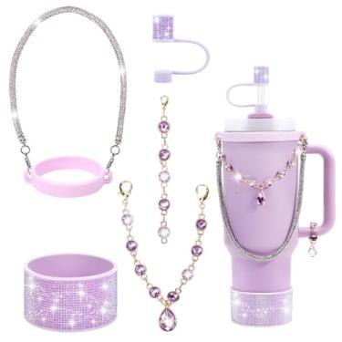 Imagem de Conjunto de acessórios de copo Stanley com strass, capa de canudo brilhante de 1 cm, alça de alça de garrafa, pingentes de glitter, bota de silicone, 850 a 1,134 g (roxo, serve para copo Stanley de