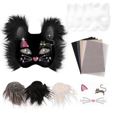 Imagem de DJAPWPX Kit de máscara de gato faça você mesmo, 13 peças, kit de máscara em branco com tira de pele adesiva, faça você mesmo, máscara facial de papel para festa de Halloween, Páscoa, cosplay, gato