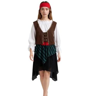Imagem de Kasjuante Fantasia de pirata para mulheres do festival renascentista com acessórios, fantasia de cosplay de Halloween para adultos, Branco, verde, Tamanho Único