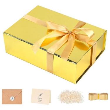 Imagem de Caixa de presente de papelão dourado com fita e acessórios 20x18x9cm -