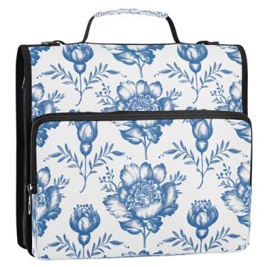 Imagem de CEBUGI Fichário de 3 anéis com zíper com alça de ombro, pasta de arquivo expansível de 3,8 cm, anéis D, para escola, escritório, buquê azul retrô