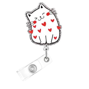 Imagem de Carretel de crachá de dia dos namorados, crachá de acrílico de gato fofo para crachá de identificação, suporte retrátil telescópico divertido, acessórios de clipe de jacaré com desenhos de coração