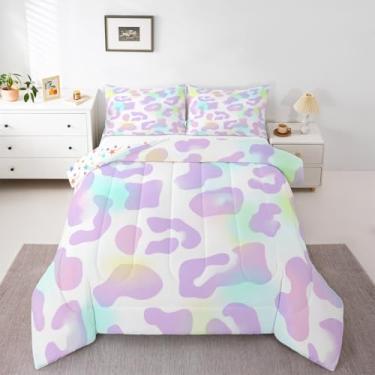 Imagem de Erosebridal Conjunto de cama solteiro com estampa de leopardo, rosa, pastel, guepardo, 2 peças, estampa animal, arco-íris, galáxia, edredom multicolorido, para decoração de quarto de crianças e