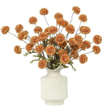 Imagem de DuHouse 6 peças de flores artificiais de seda sintética, mini bola de crisântemo de seda pequena com hastes para buquês faça-você-mesmo, vaso de mesa, decoração de cozinha (amarelo vintage)