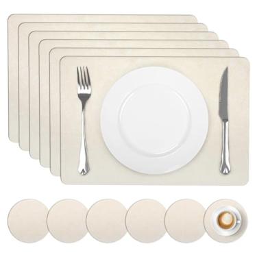 Imagem de comfoyar Jogo americano de couro sintético, conjunto de 6 com porta-copos 30,5 x 43 cm, antiderrapante, resistente ao calor, bege e rachado, tapetes de mesa laváveis à prova d'água para decoração de